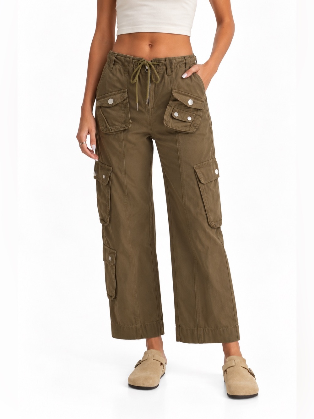 Olive Green Multi Pocket Cargo Utility Pants Drawstring Wide Leg Small